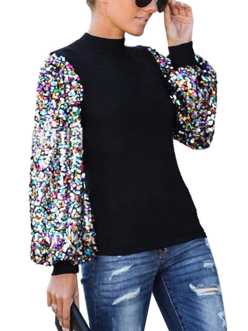 Anna-Kaci Women's Confetti Sequin Balloon Long Sleeve Mock Neck Pullover Sweatshirt, Black, Small - Image 5
